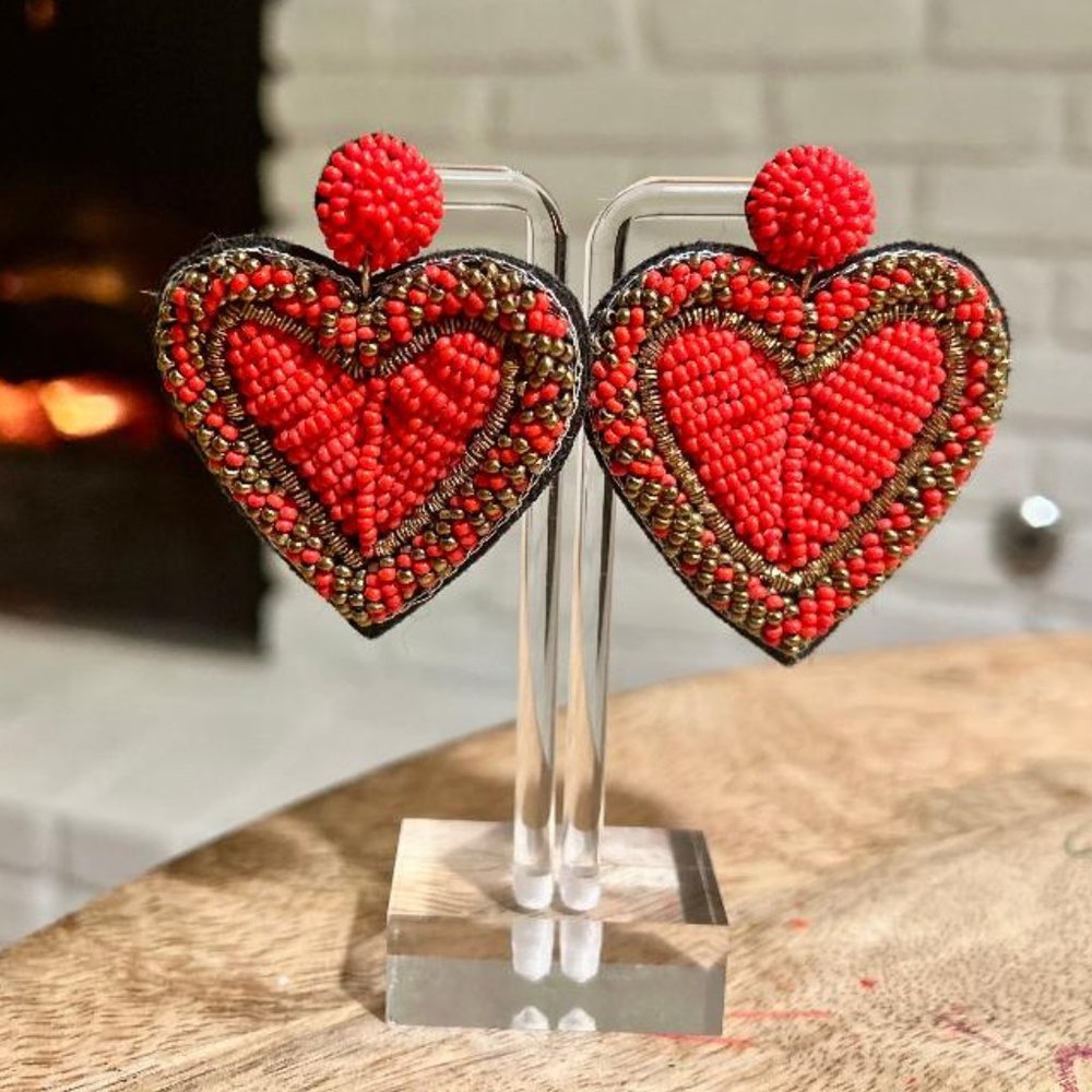 Red Beaded Heart Earrings With Border